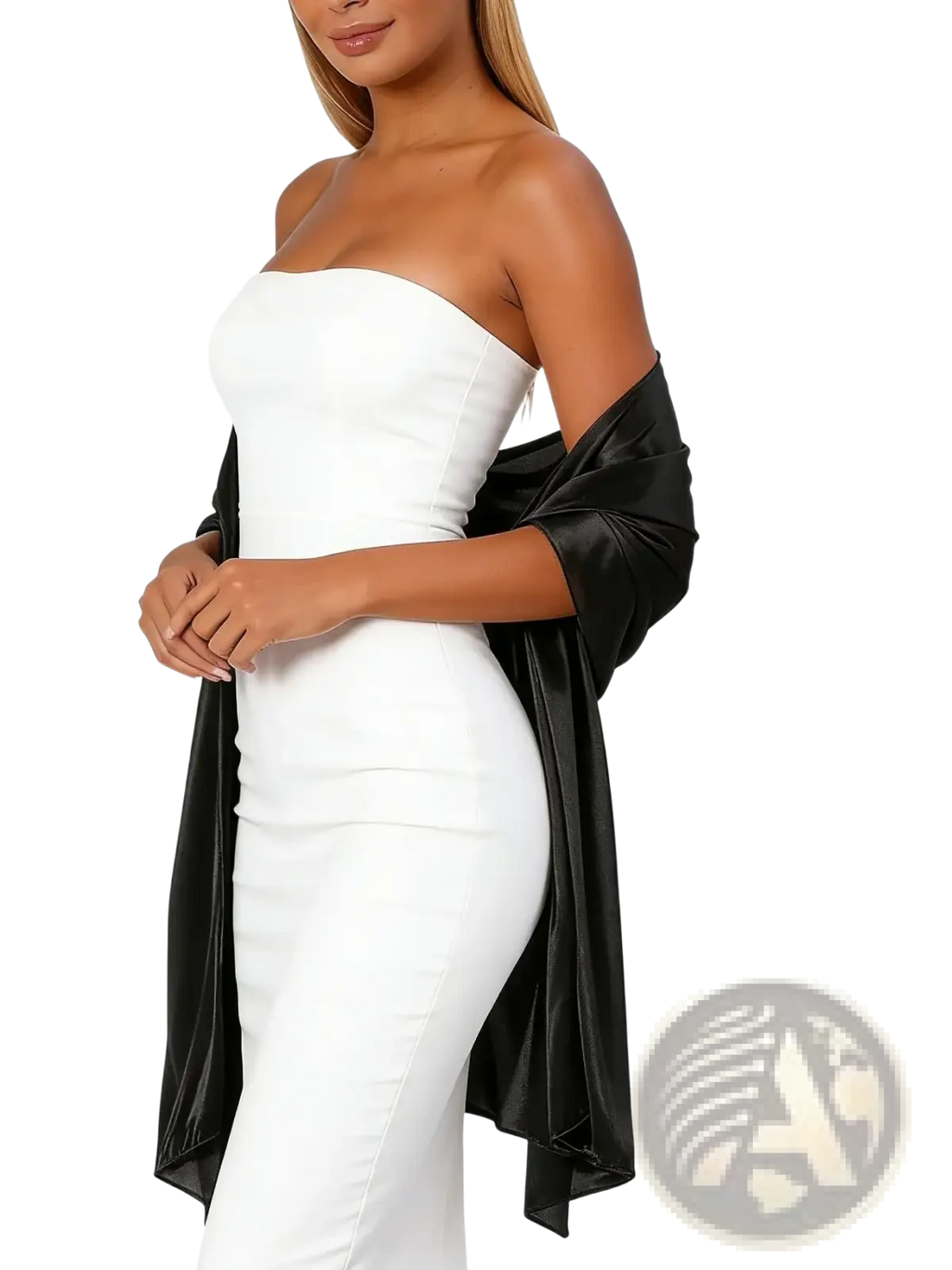 White strapless bodycon dress with black satin evening shawl draped over one shoulder for women