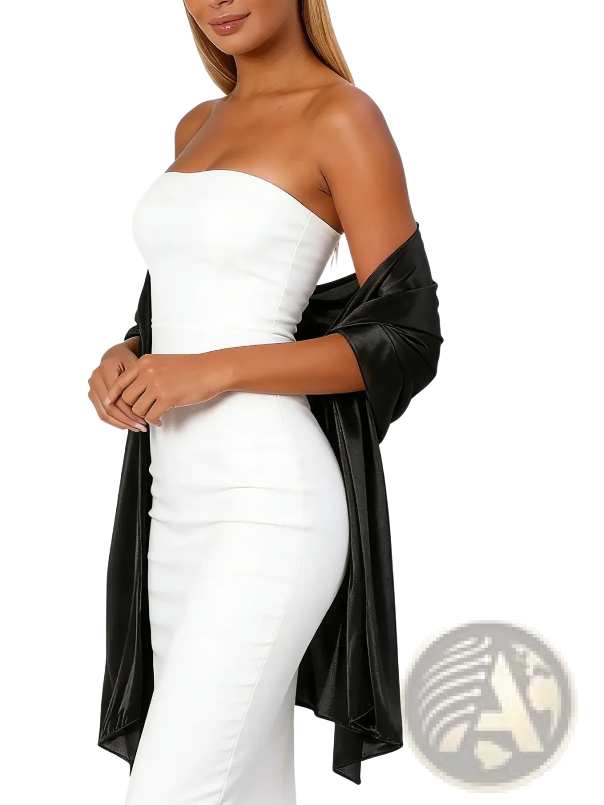 White strapless bodycon dress with black satin evening shawl draped over one shoulder for women