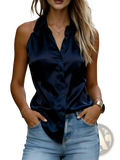 Navy blue satin sleeveless button up blouse with halter neckline for elegant and versatile wear