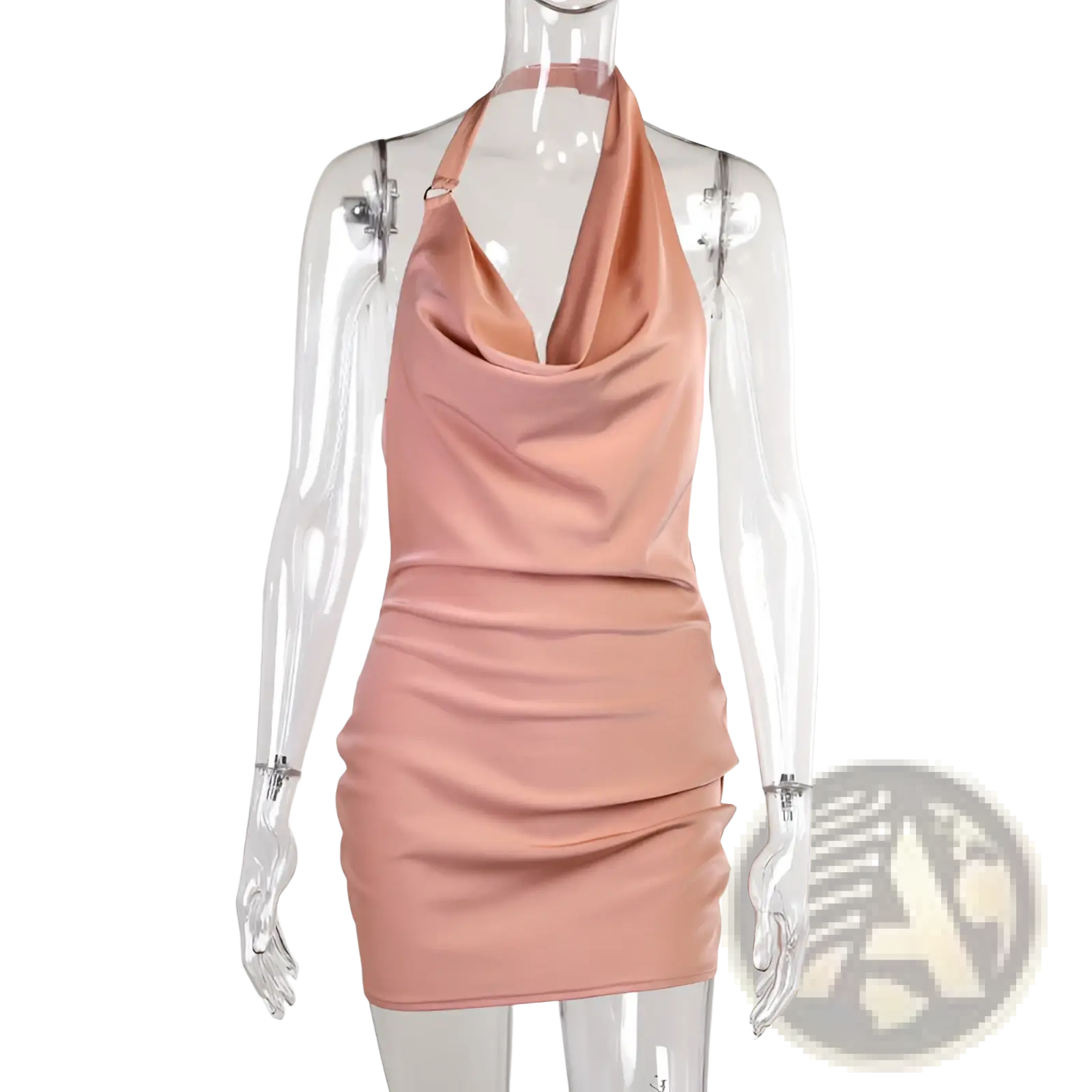 Satin halter mini party dress in blush pink with a sleek satin finish draped neckline and ruched bodice