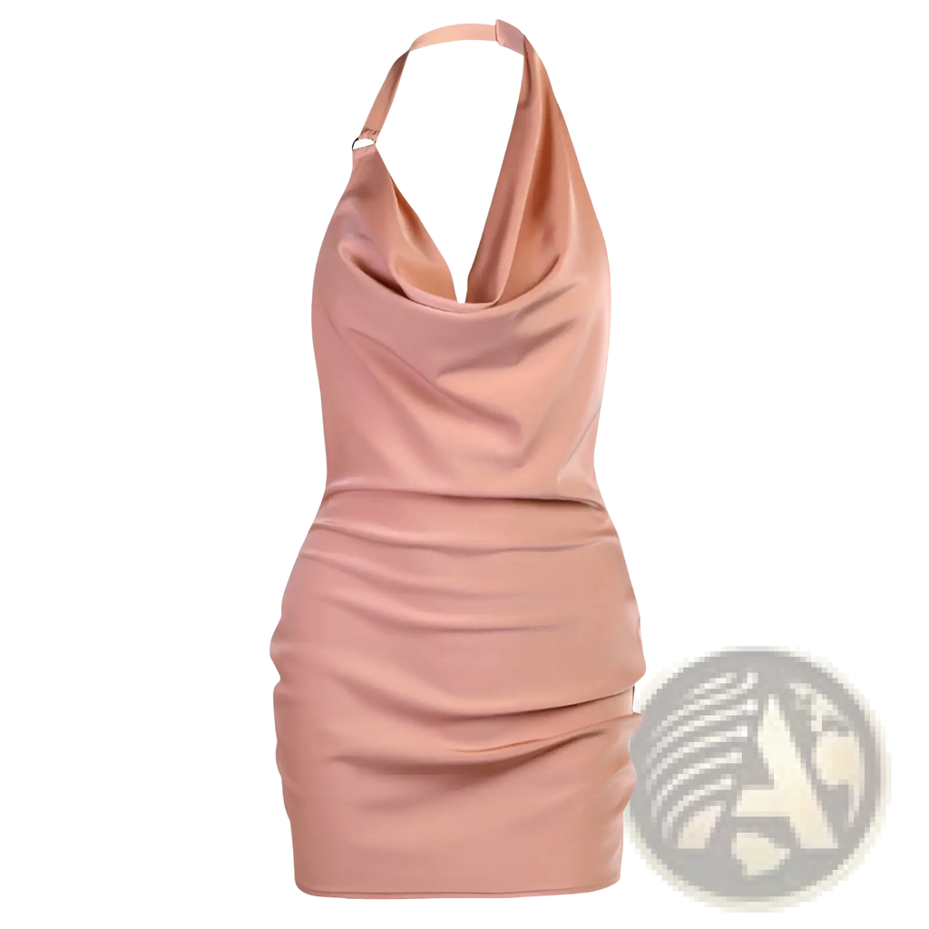A sleek blush pink satin halter mini party dress with draped neckline and ruched detailing