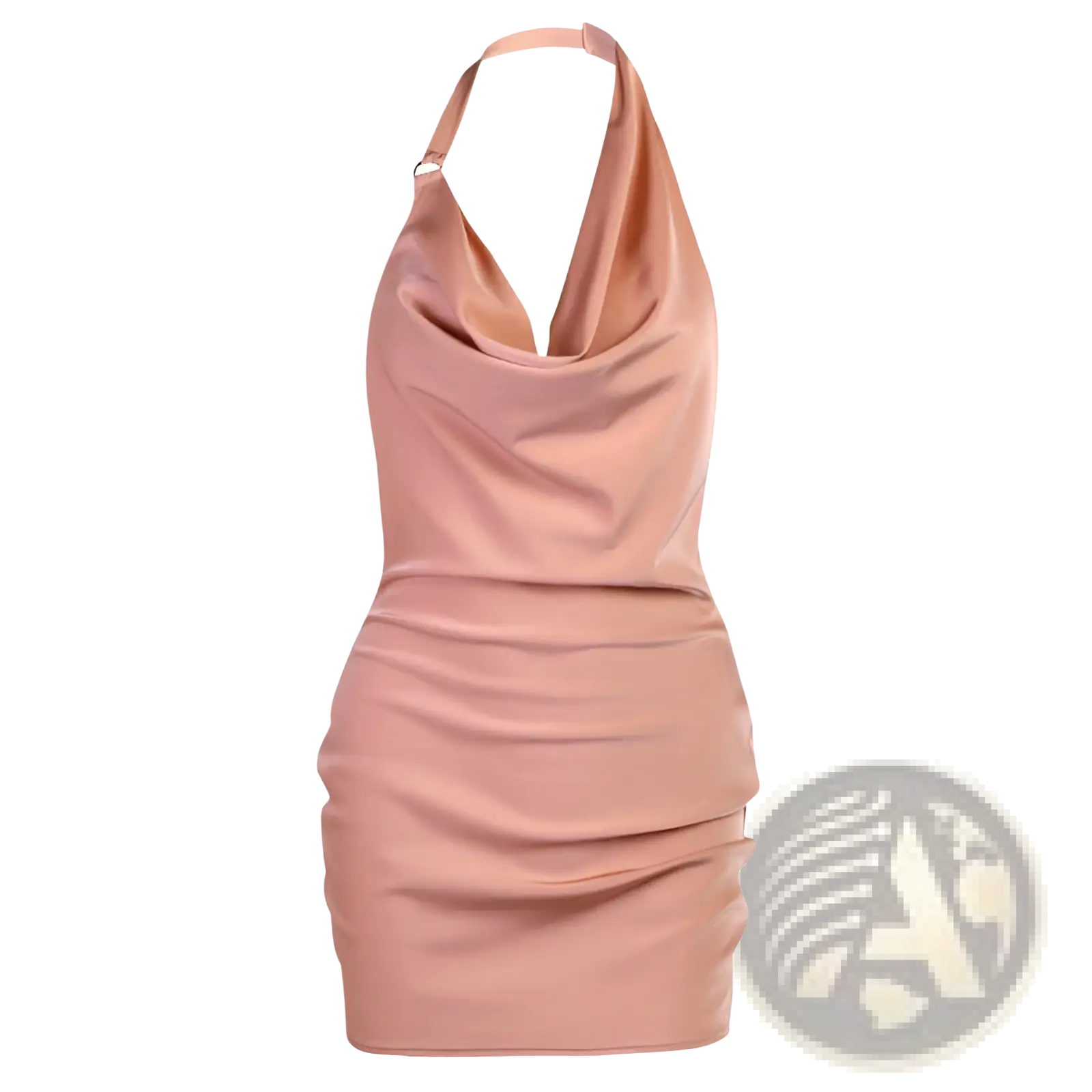 A sleek blush pink satin halter mini party dress with draped neckline and ruched detailing