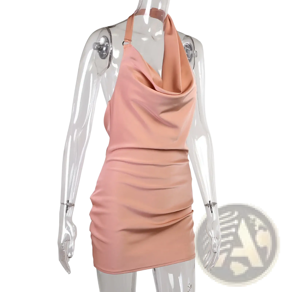 A sleek blush pink satin halter mini party dress with draped neckline and ruched detailing