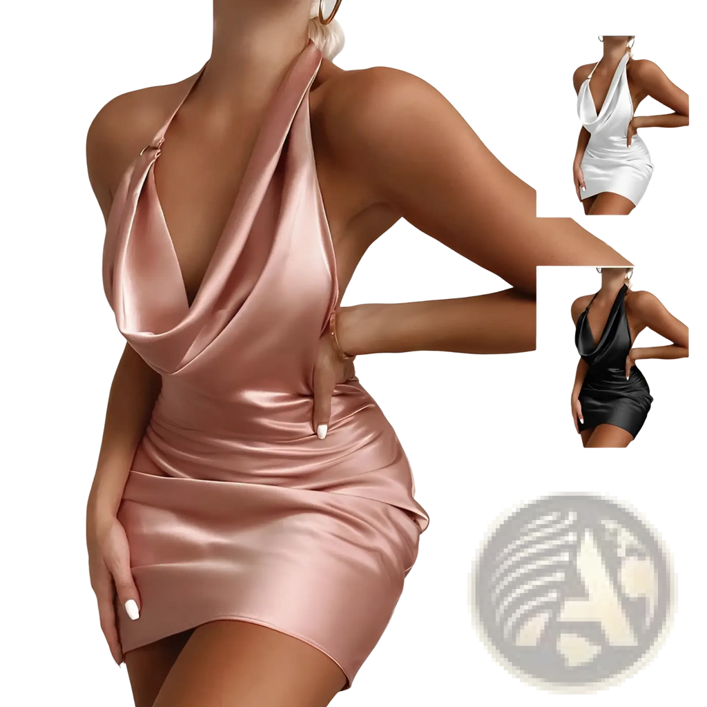 A sleek rose gold satin halter mini party dress with a draped front and ruched waist detail