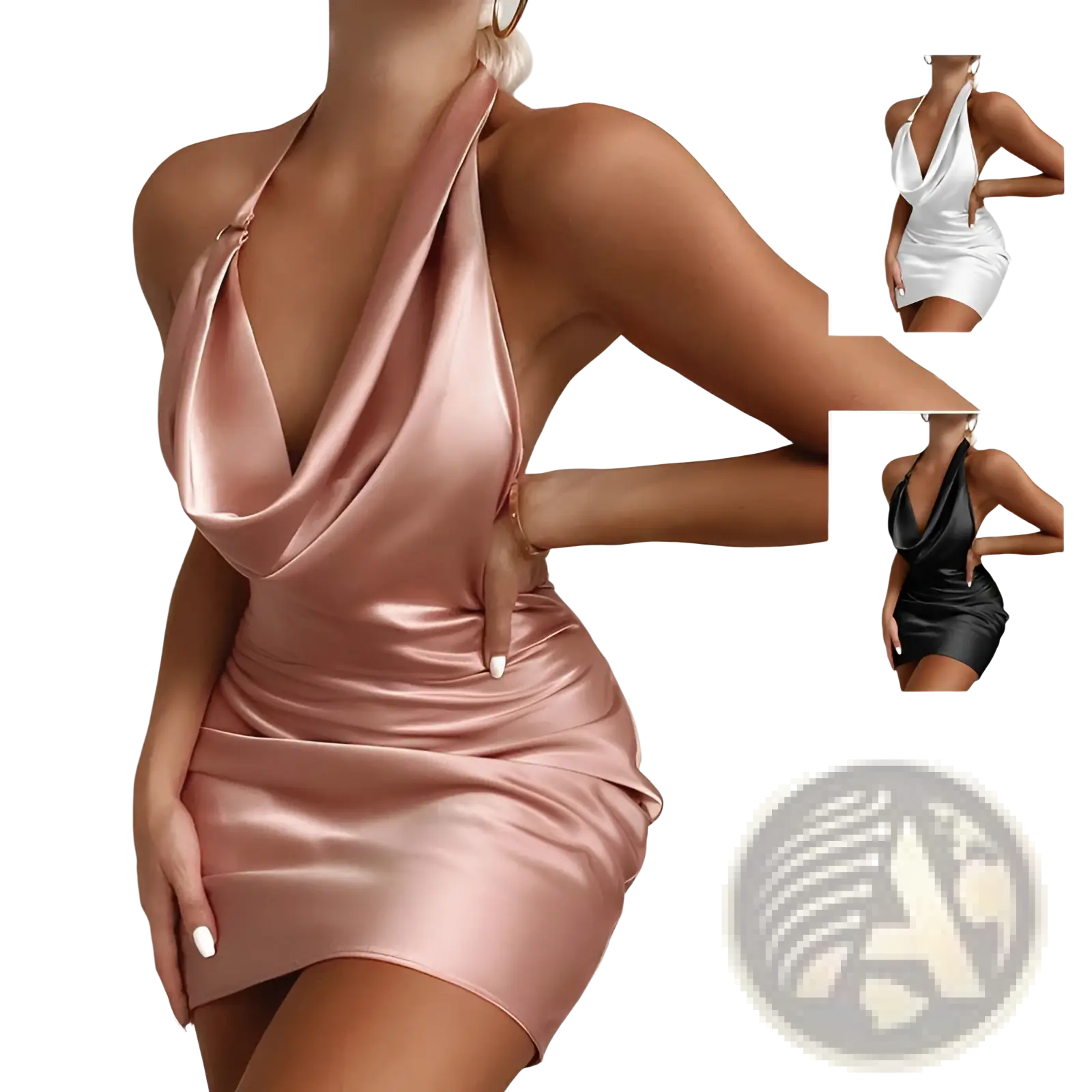 A sleek rose gold satin halter-neck mini party dress with draped front and ruched waist detail