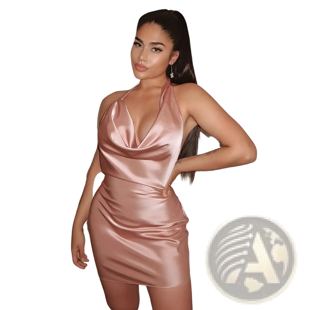 Sleek rose gold satin halter mini party dress with draped cowl neckline and fitted silhouette