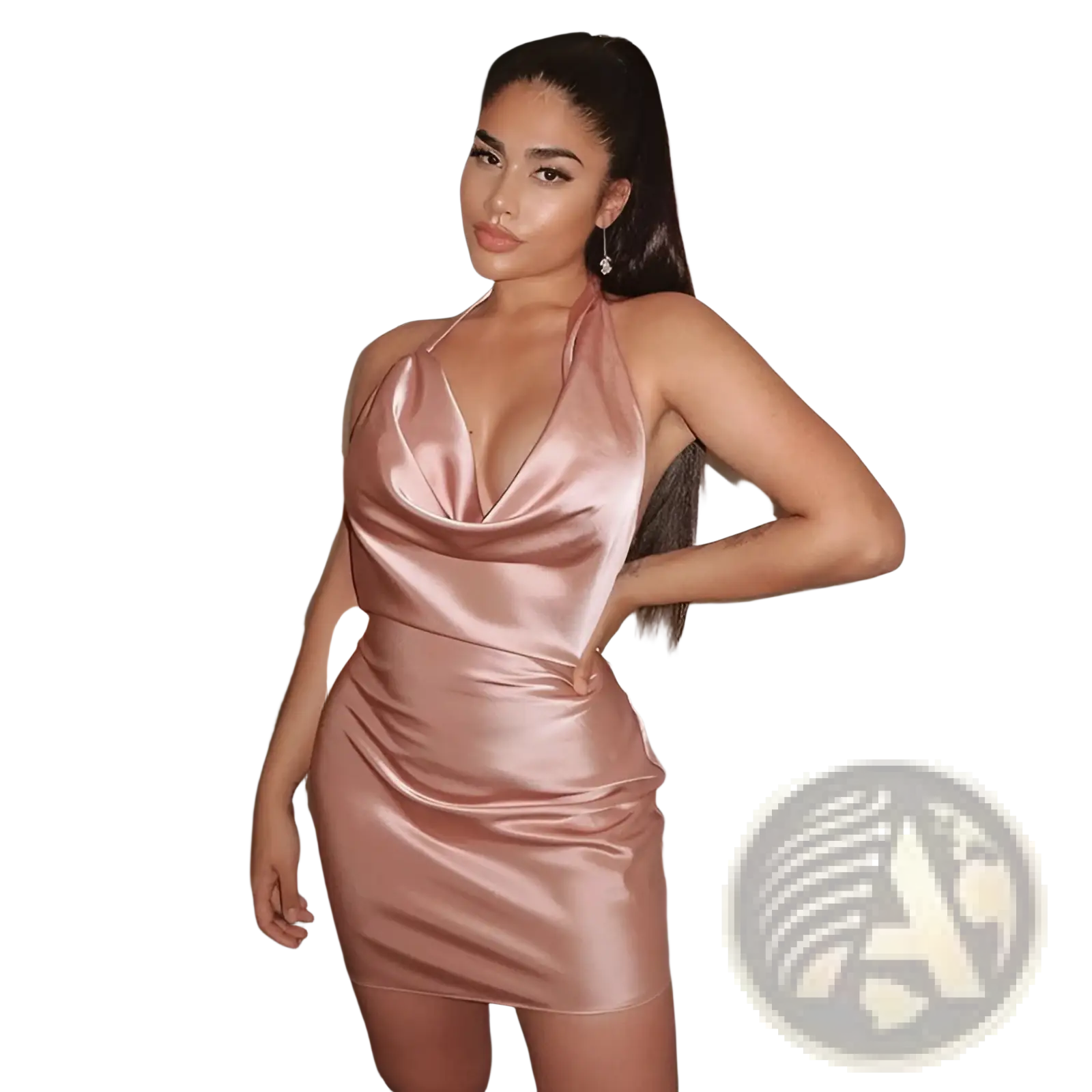 Sleek rose gold satin halter mini party dress with draped cowl neckline and fitted silhouette