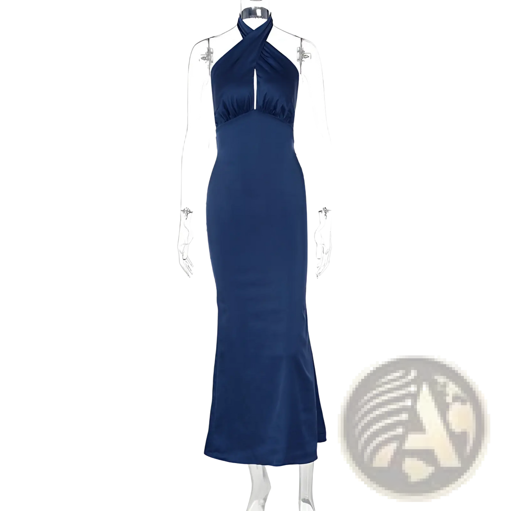A sleek navy blue satin halter neck backless maxi dress with a fitted silhouette and subtle side slit