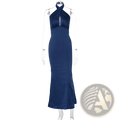A sleek navy blue satin halter neck backless maxi dress with a fitted silhouette and subtle side slit