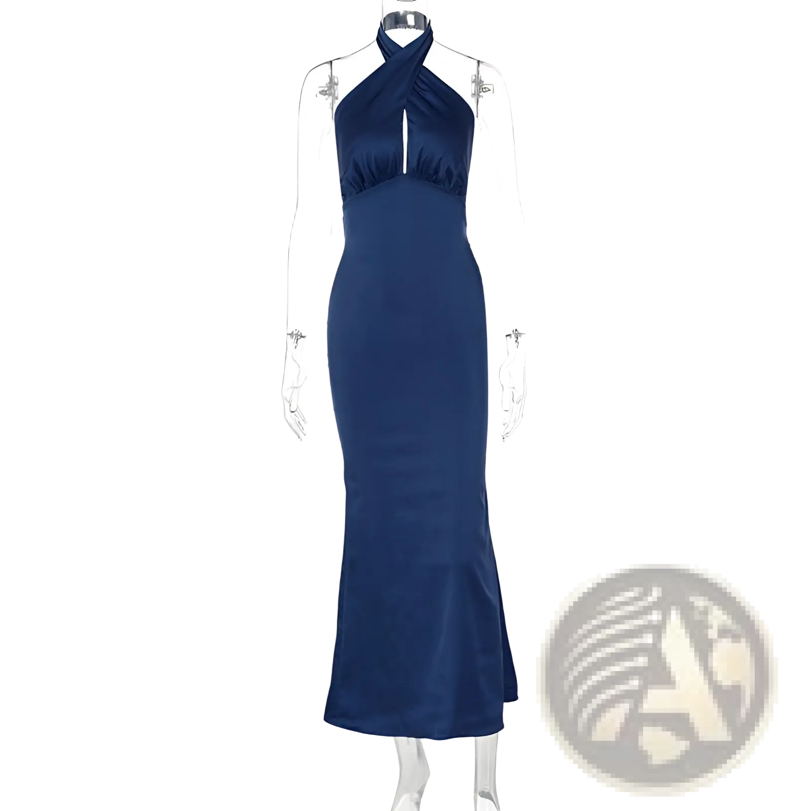 A sleek navy blue satin halter neck backless maxi dress with a fitted silhouette and subtle side slit