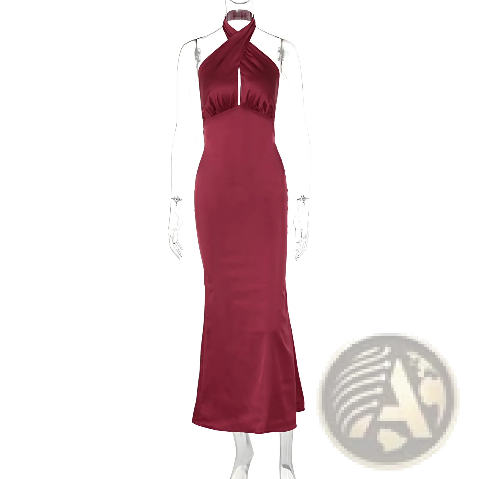 A deep red satin halter neck backless maxi dress with a fitted silhouette and subtle ruching at the neckline