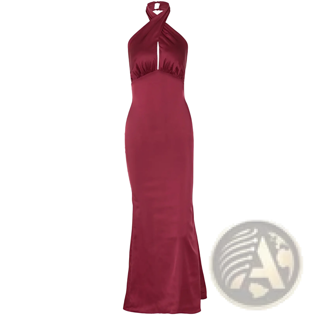 A sleek burgundy satin halter neck backless maxi dress with a fitted silhouette and subtle ruching at the neckline