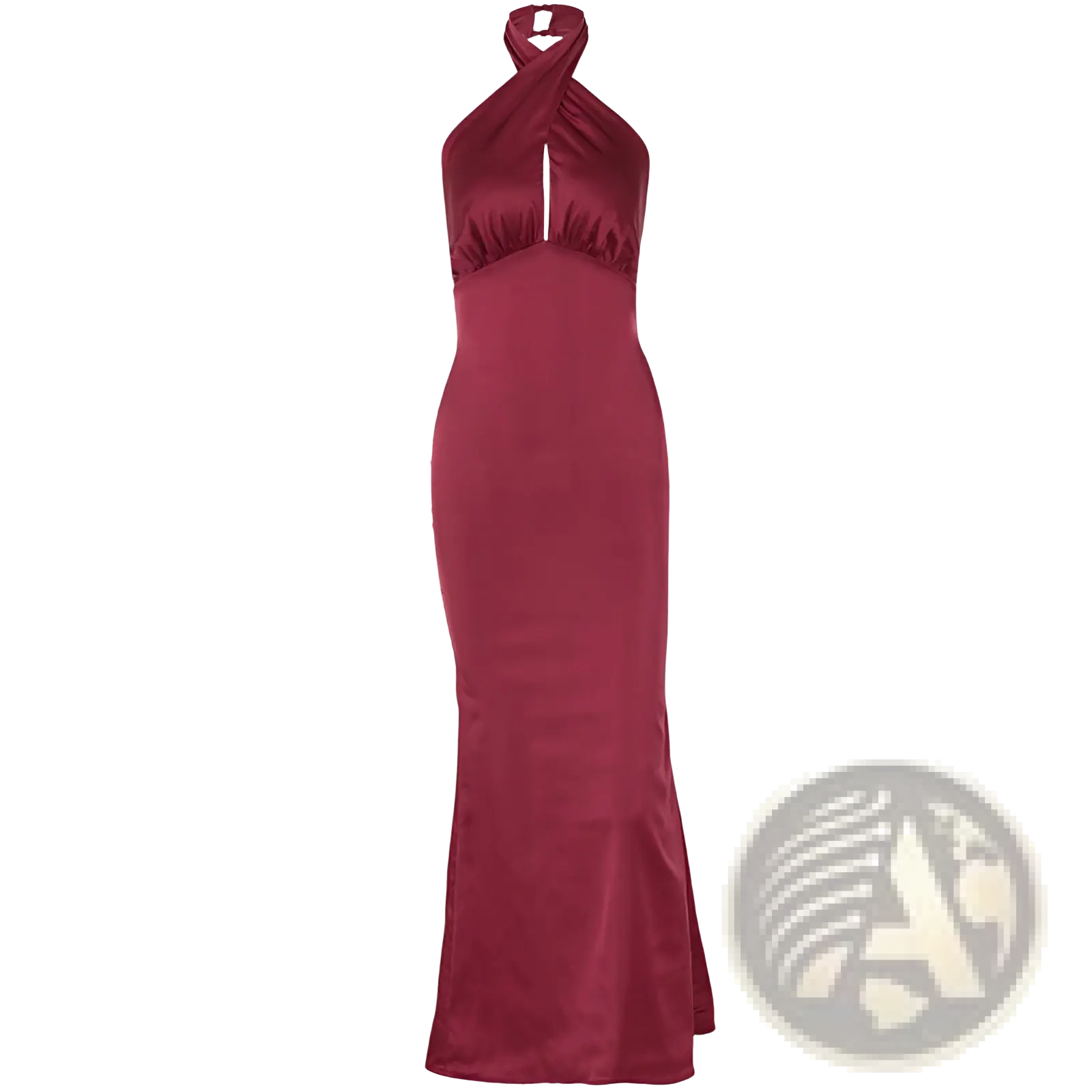 A sleek burgundy satin halter neck backless maxi dress with a fitted silhouette and subtle ruching at the neckline