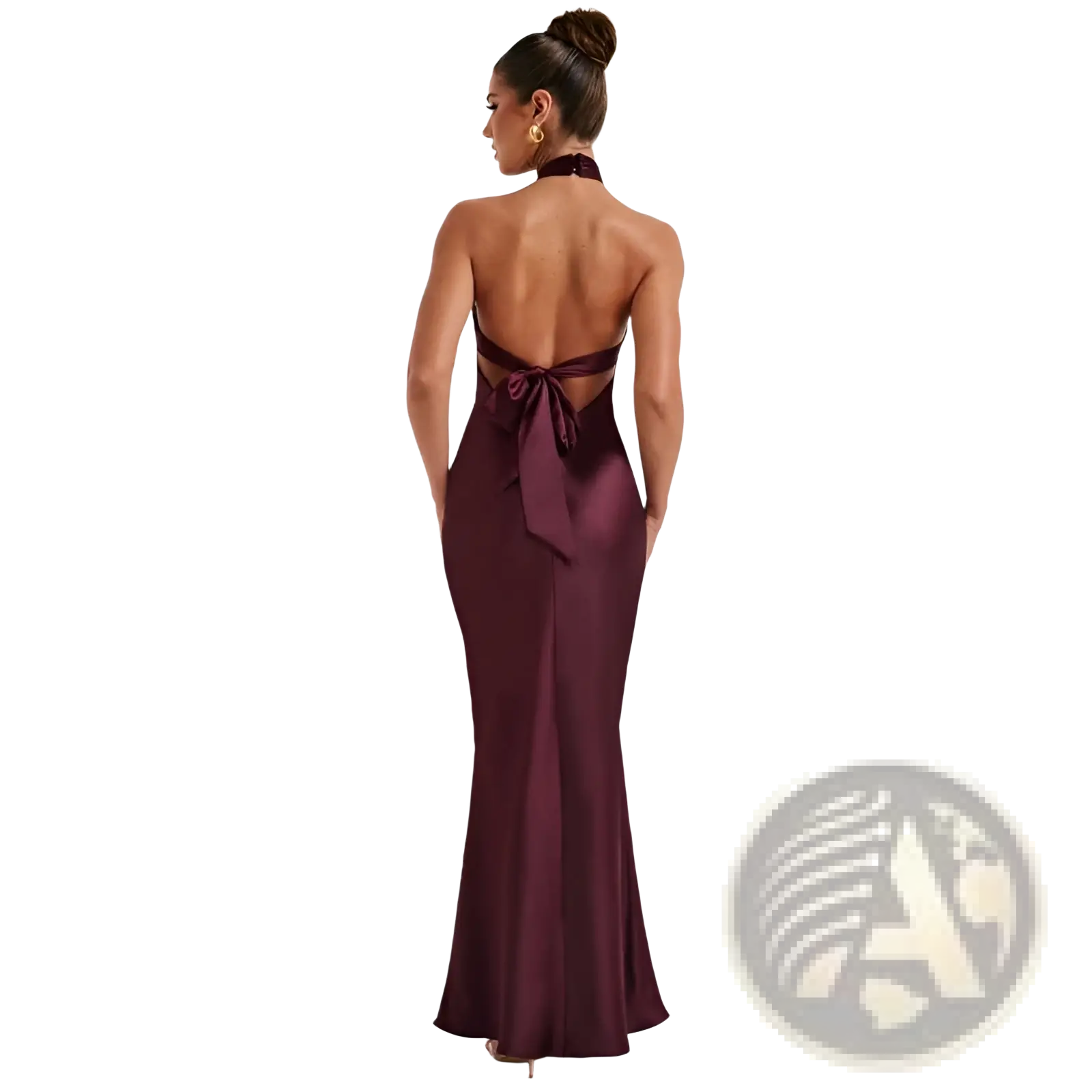 A sleek satin halter neck backless maxi dress in burgundy with a mermaid silhouette and back tie detail