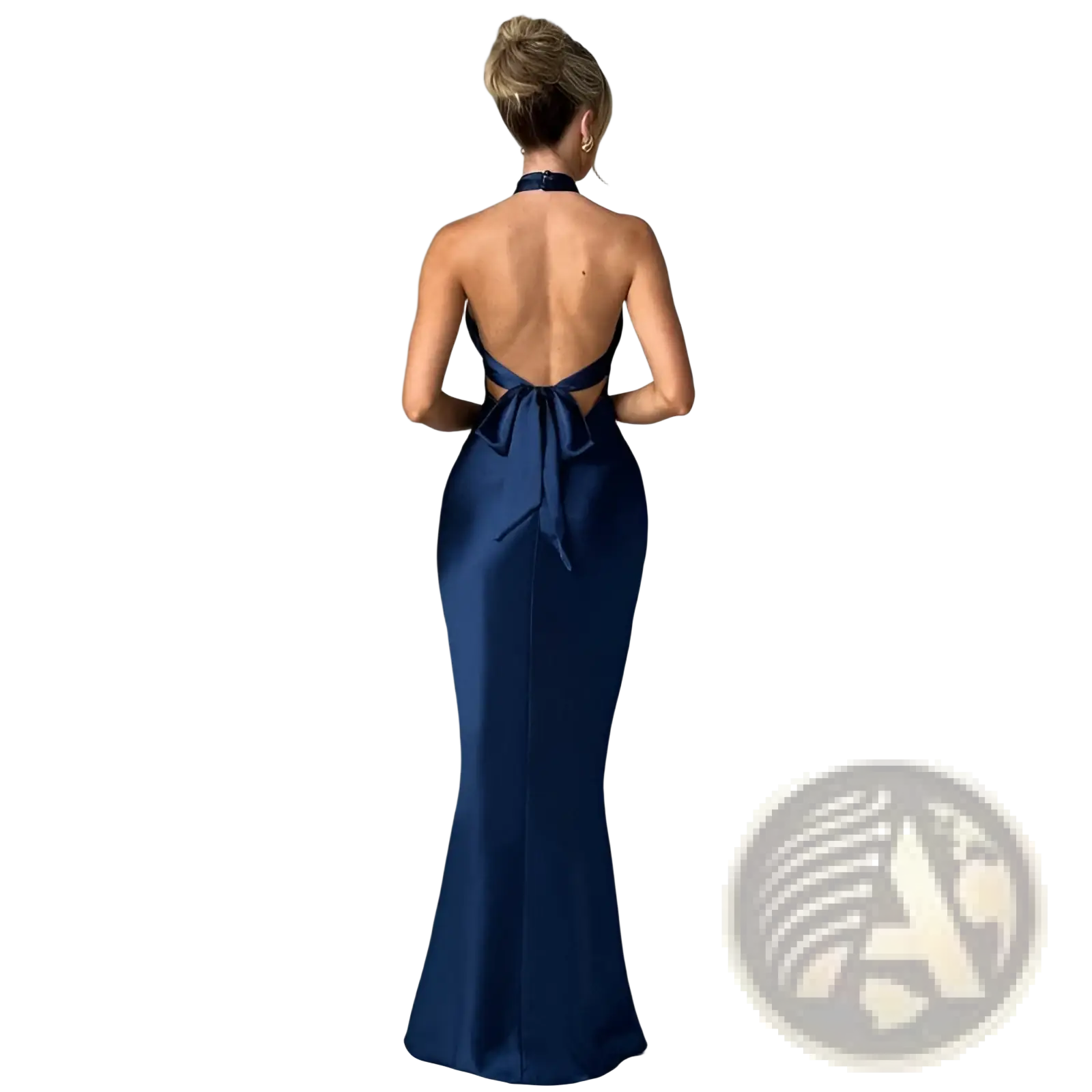 A sleek navy blue satin halter neck backless maxi gown with mermaid silhouette and back tie detail shown from back