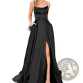 A sleek black satin high slit bridesmaid party dress with thin spaghetti straps and elegant evening gown design