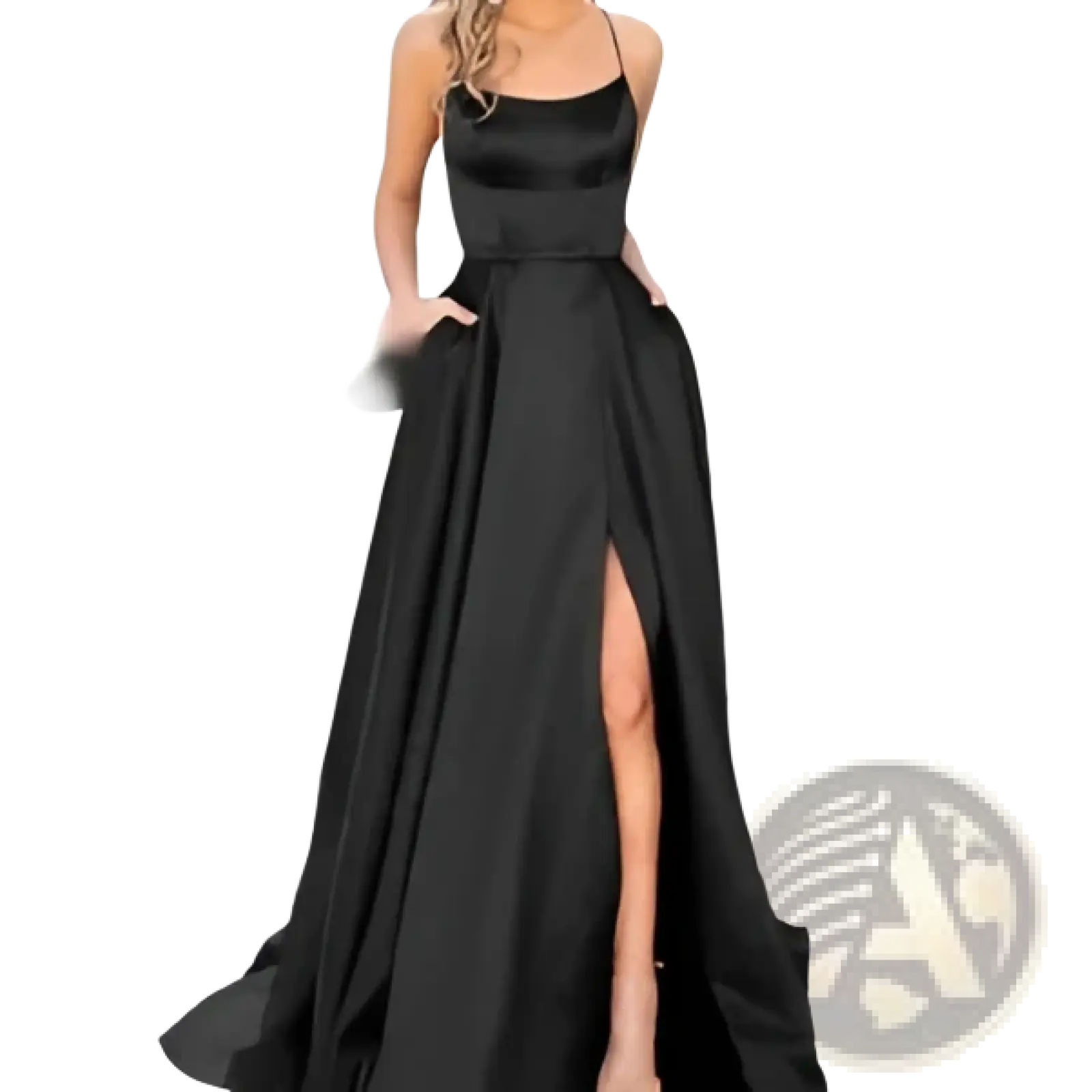 A sleek black satin high slit bridesmaid party dress with thin spaghetti straps and elegant evening gown design