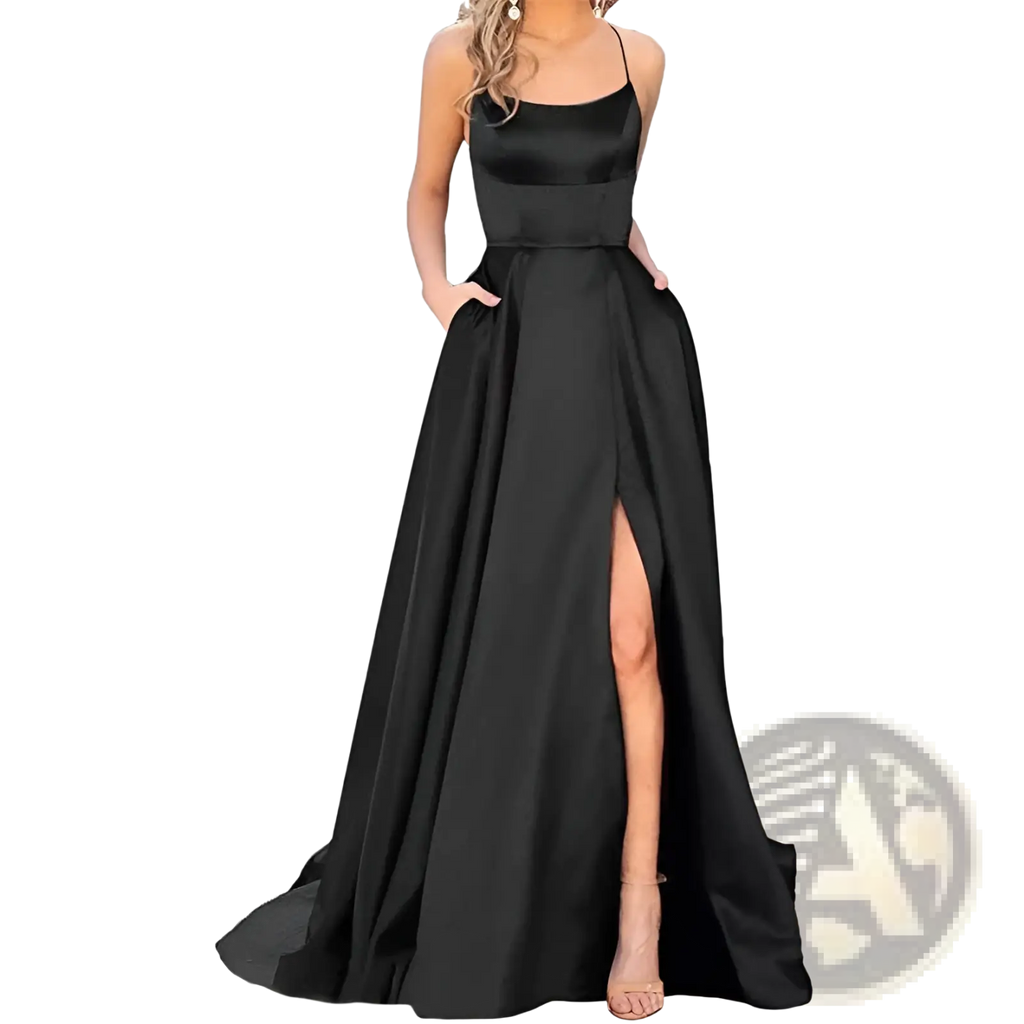 Elegant black satin high slit bridesmaid party dress with square neckline and thin spaghetti straps