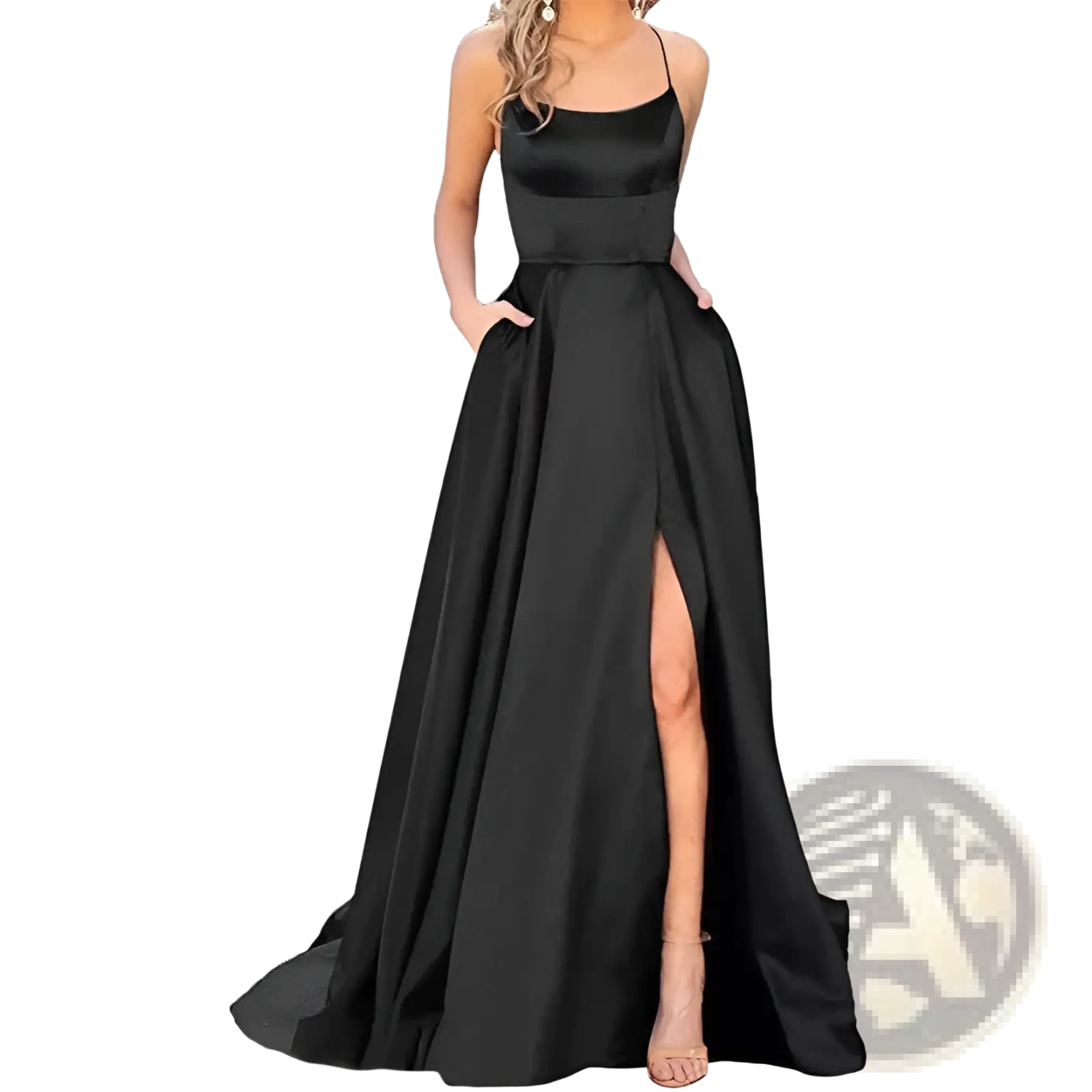 Elegant black satin high slit bridesmaid party dress with square neckline and thin spaghetti straps