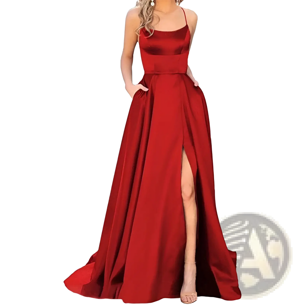 A flowing red satin high slit bridesmaid party dress with a square neckline and thin spaghetti straps