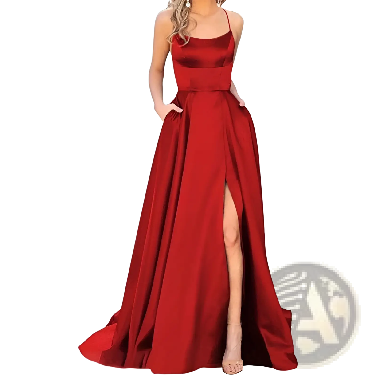 A flowing red satin high slit bridesmaid party dress with a square neckline and thin spaghetti straps