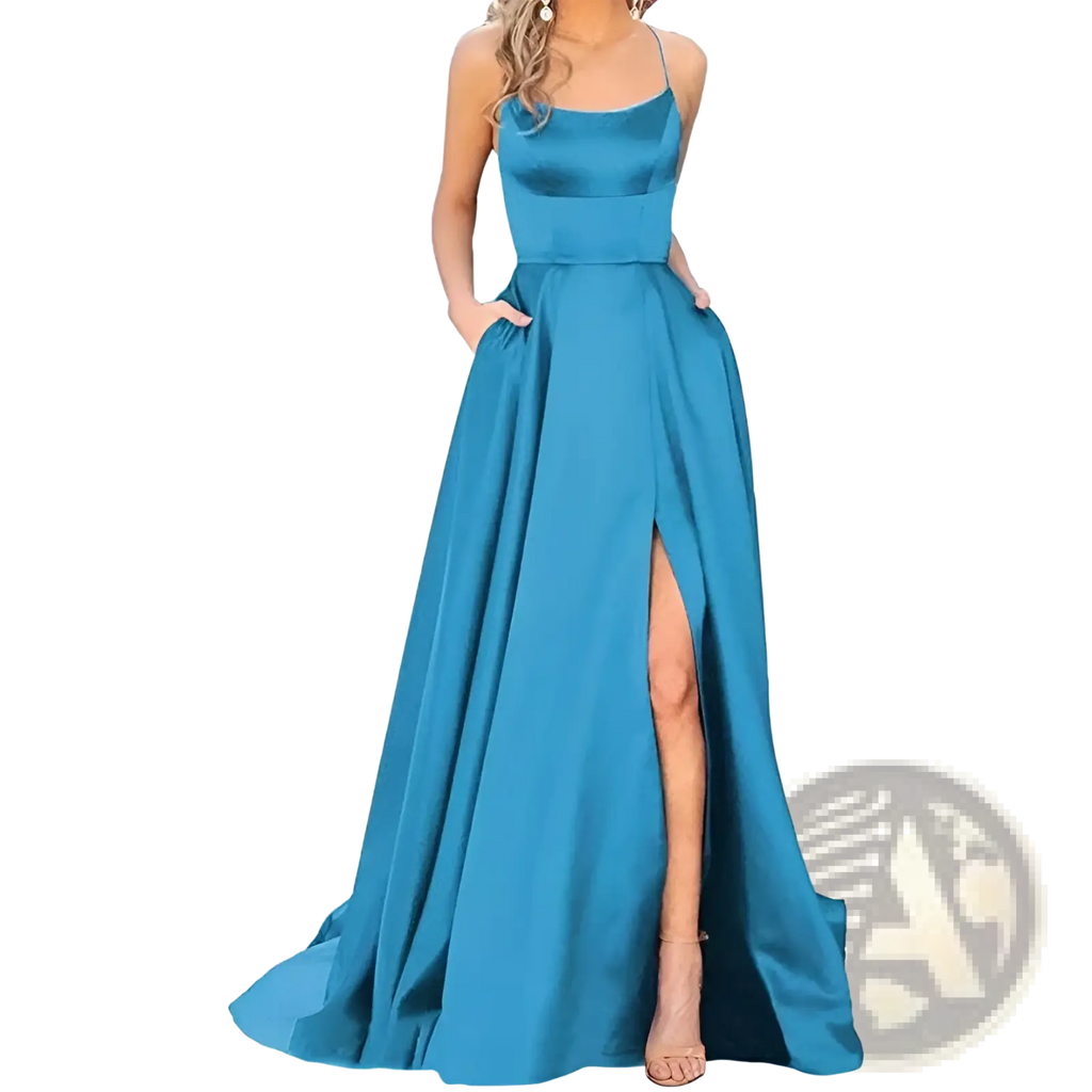 Teal satin high slit bridesmaid party dress featuring a square neckline and thin spaghetti straps