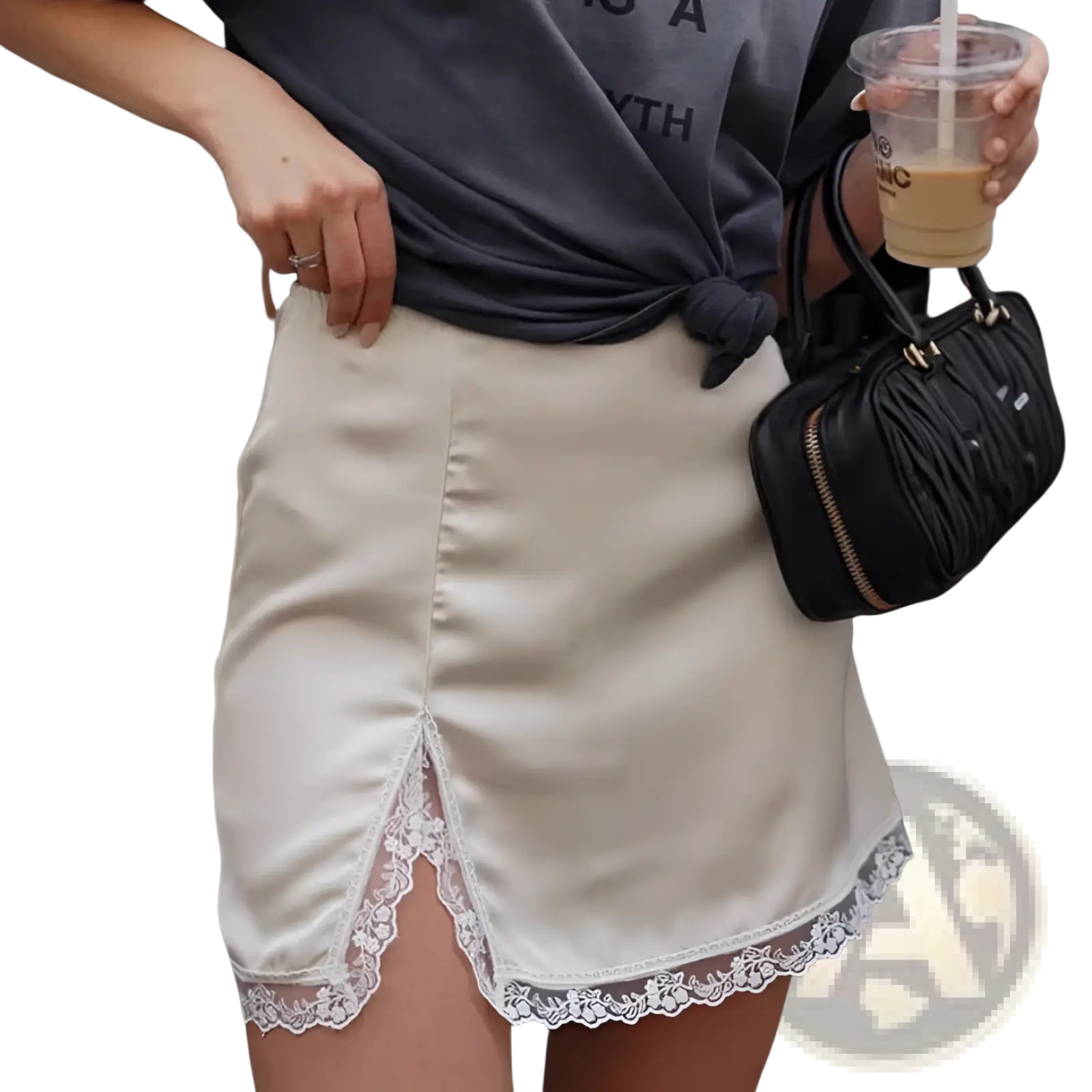 Cream-colored satin a-line mini skirt with delicate white lace trim along the hem for elegant wear