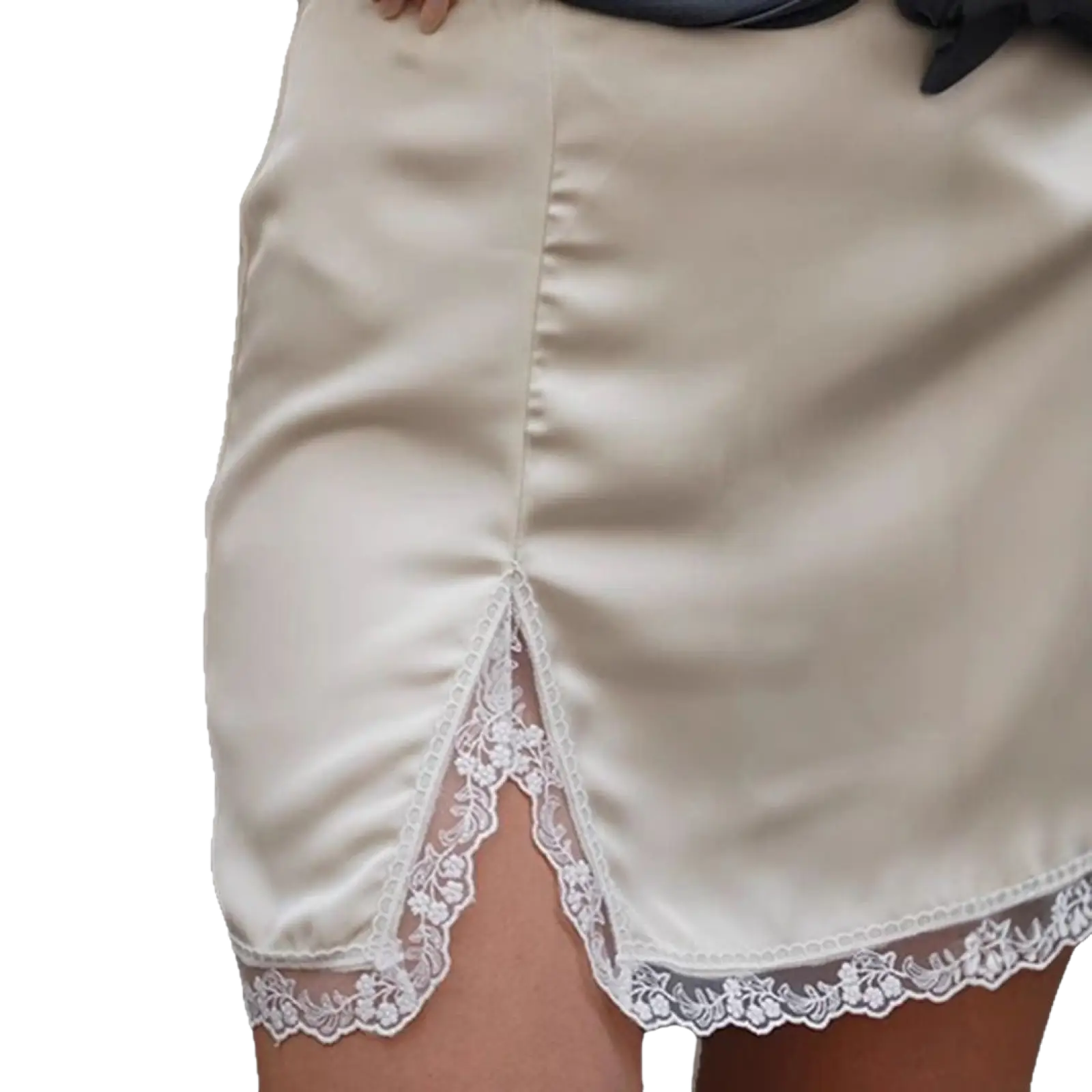 Cream-colored satin a-line mini skirt with delicate white floral lace trim along hem and side slit