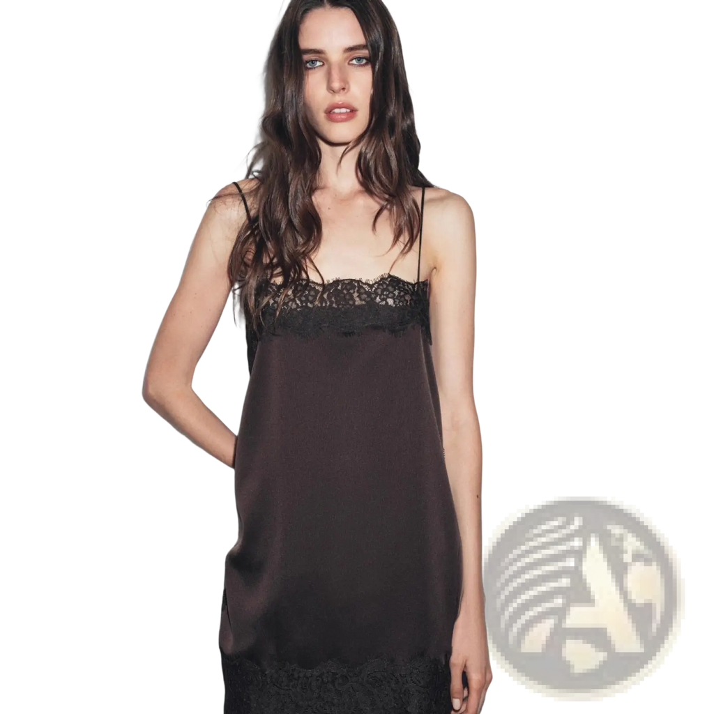 Black satin slip dress with delicate lace trim at neckline and hem featured as satin lace trim camisole top