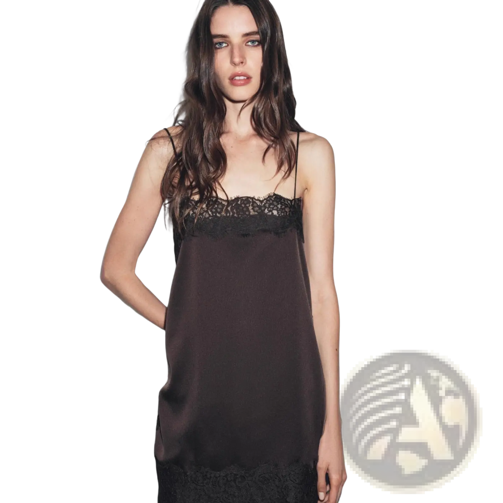 Black satin slip dress with delicate lace trim at neckline and hem featured as satin lace trim camisole top