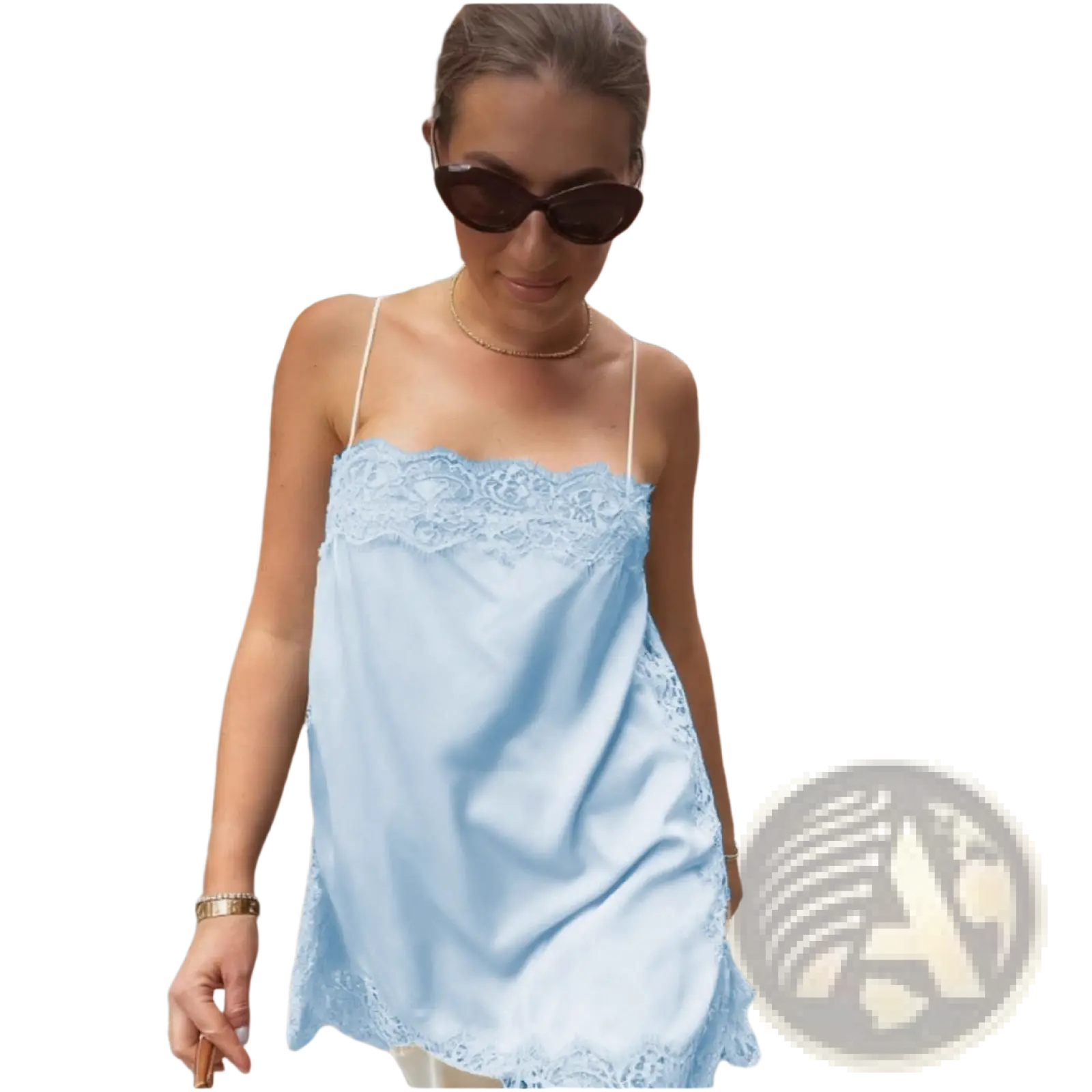 Light blue satin lace trim camisole top with delicate lace along the neckline and hem for elegant wear