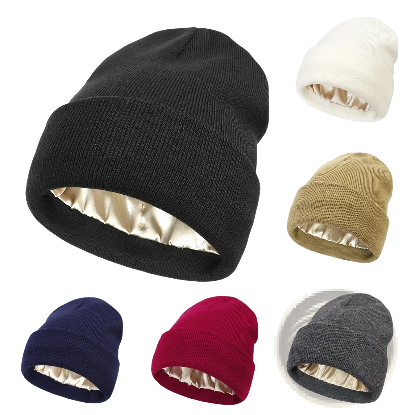 Black knit beanie with satin-lined interior providing warmth and comfort for winter wear