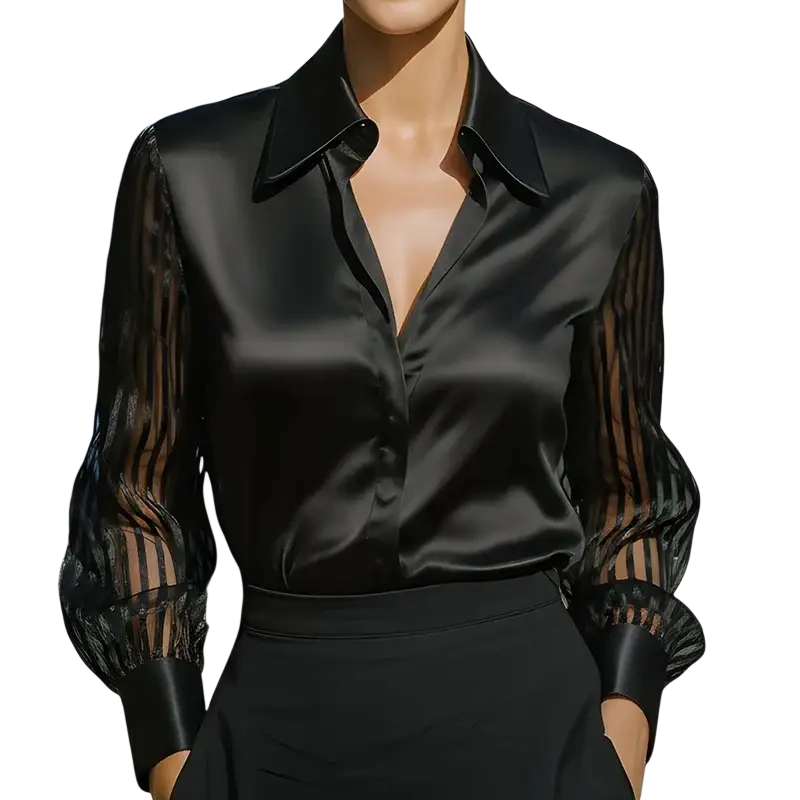 Black satin long sleeve blouse with sheer striped sleeves and ribbed cuffs for spring autumn wear