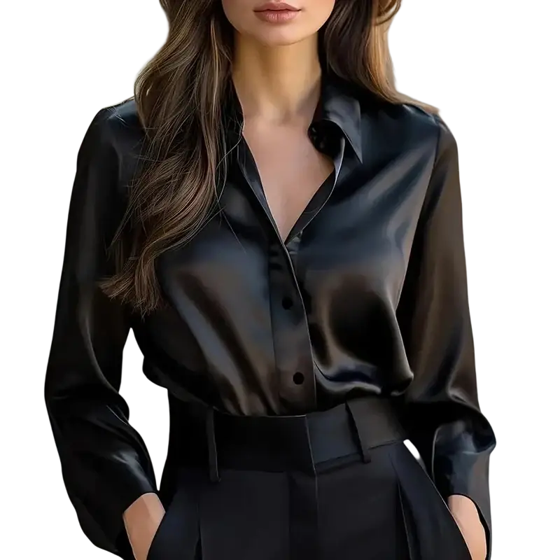 Black satin long sleeve blouse with classic button down collar suitable for spring autumn wear