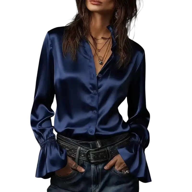 Deep navy satin long sleeve blouse with flared cuffs ideal for spring autumn wear
