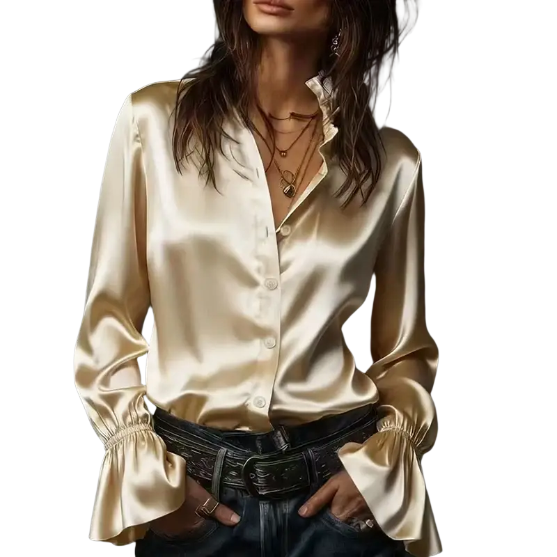 A shimmering gold satin long sleeve blouse with ruffled cuffs ideal for spring autumn wear