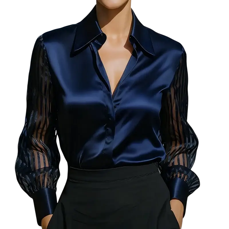 A navy blue satin long sleeve blouse with sheer striped sleeves and classic collar for spring autumn wear