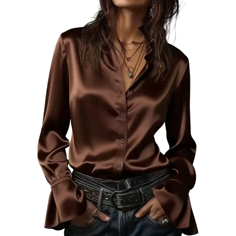 A rich brown satin long sleeve blouse with flared cuffs ideal for spring autumn wear