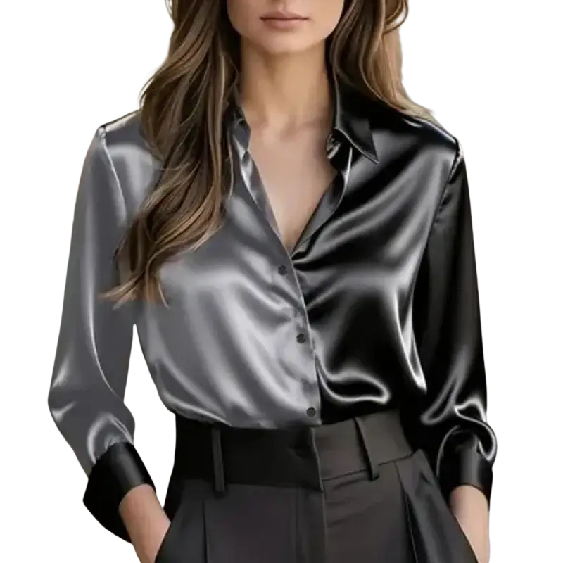 A sleek satin long sleeve blouse in dark gray to black gradient with black cuffs for spring autumn wear