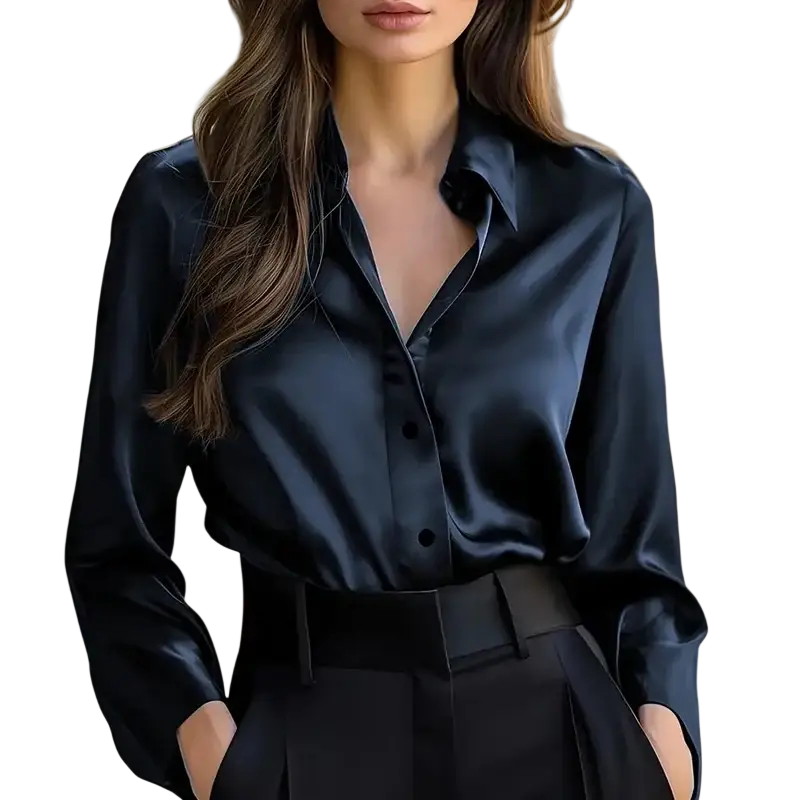 A sleek black satin long sleeve blouse with classic collar and button-down front for spring autumn wear