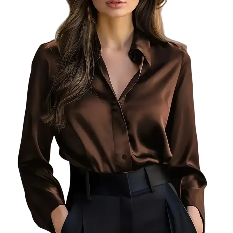A sleek brown satin long sleeve blouse with classic collar and button-down front for spring autumn wear