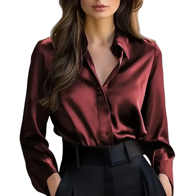 A sleek burgundy satin long sleeve blouse with classic collar and buttons perfect for spring autumn wear