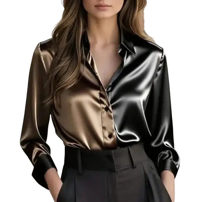 A sleek two-tone satin long sleeve blouse in glossy black and metallic gold for spring autumn wear
