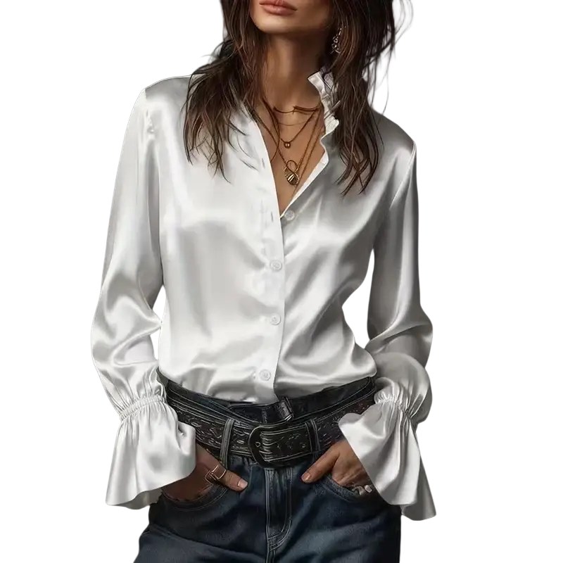 White satin long sleeve blouse with ruffled cuffs suitable for spring autumn wear