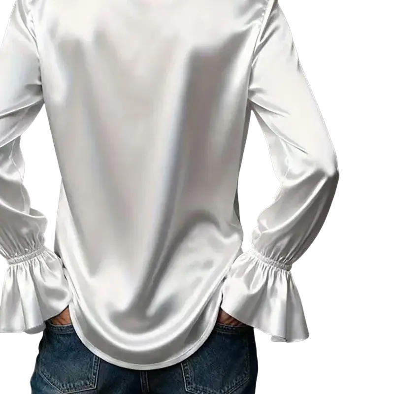 White satin long sleeve blouse with ruffled cuffs suitable for spring autumn wear
