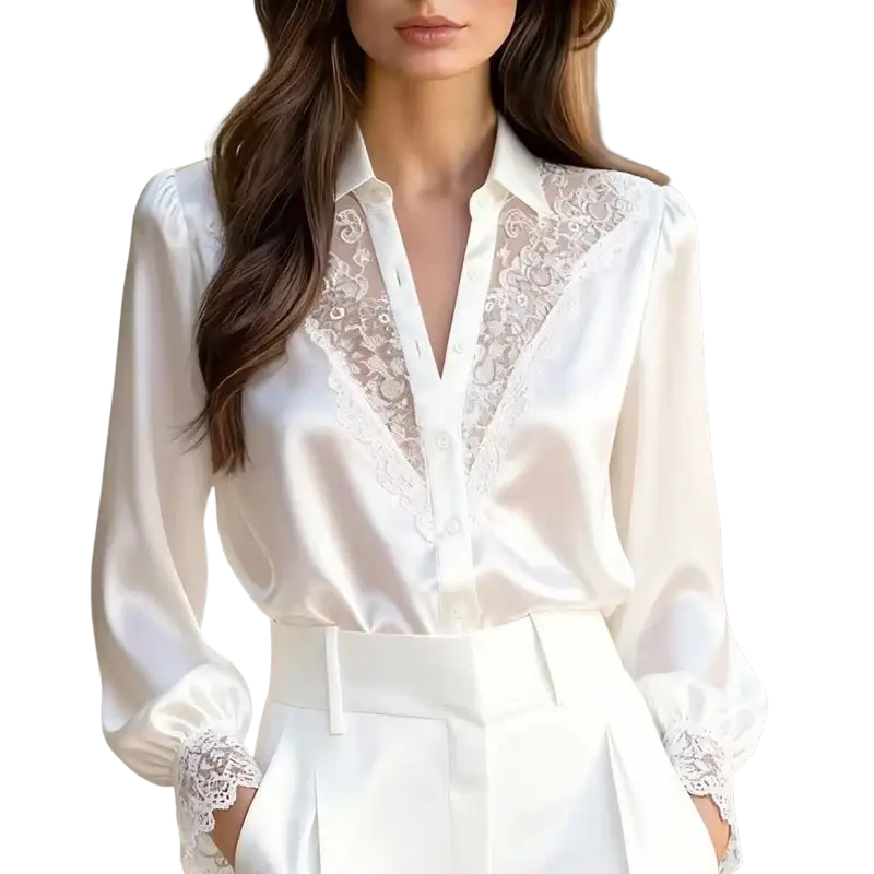 White satin long sleeve blouse with delicate lace detailing on neckline and cuffs ideal for spring autumn wear