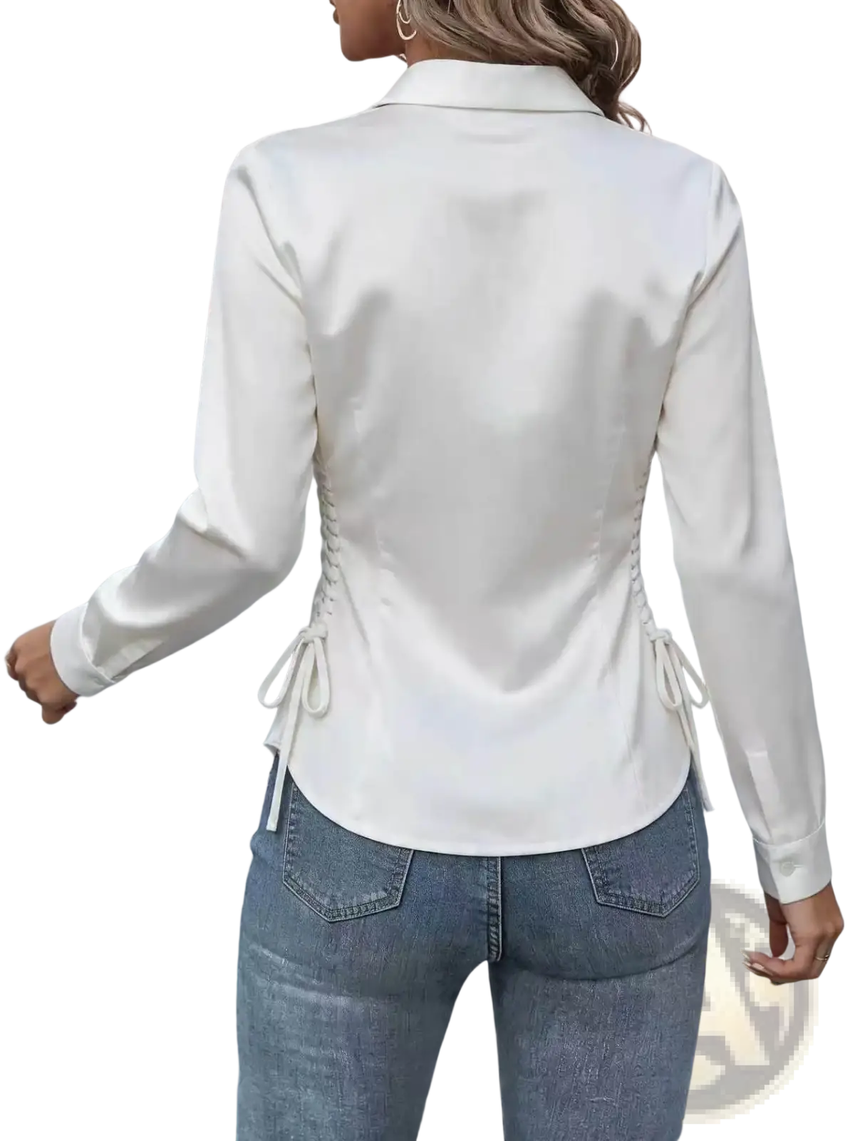 Back view of a sleek white satin long sleeve blouse with a slim fit and lace-up detailing for office wear