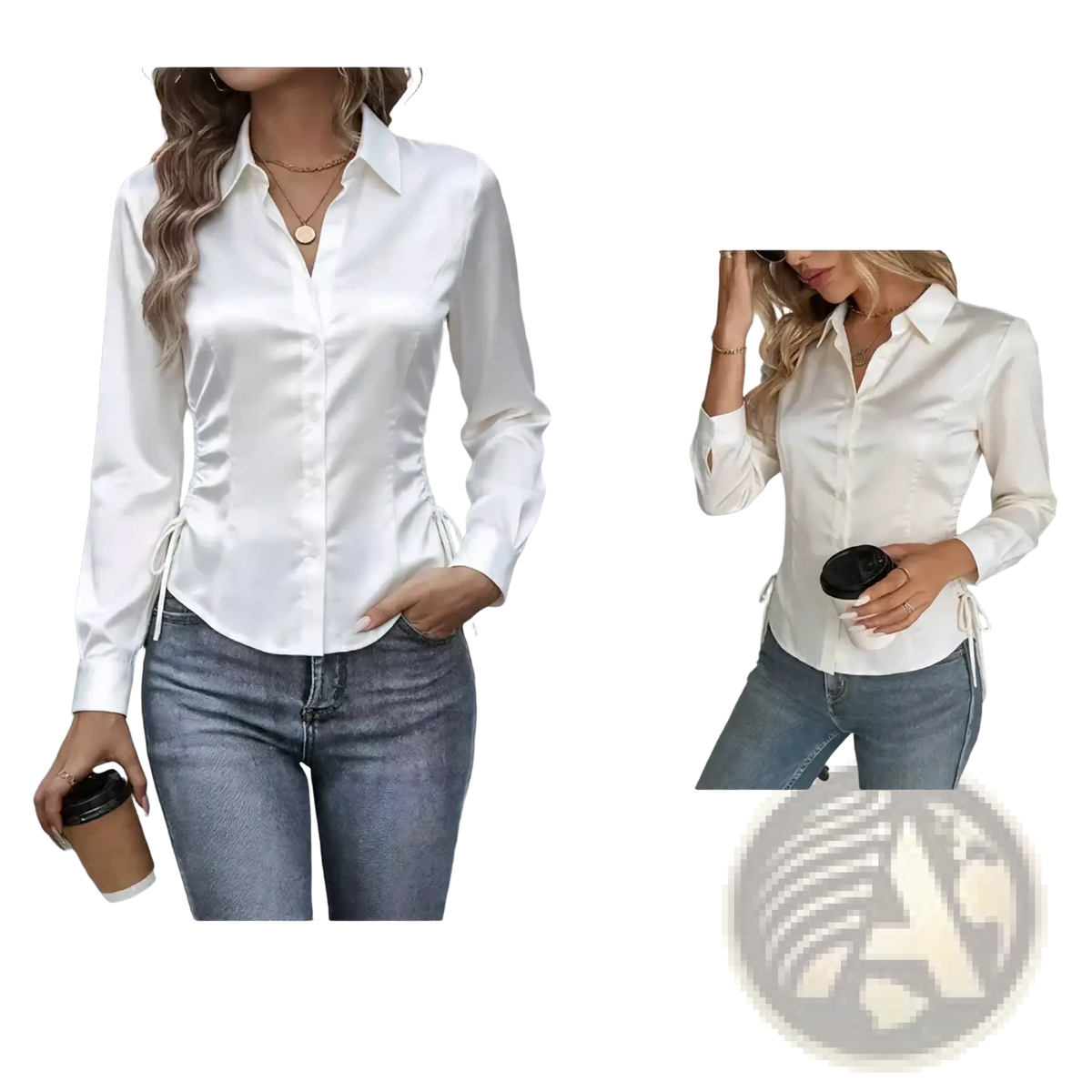 White satin blouse with long sleeves and side tie details slim fit perfect for office wear