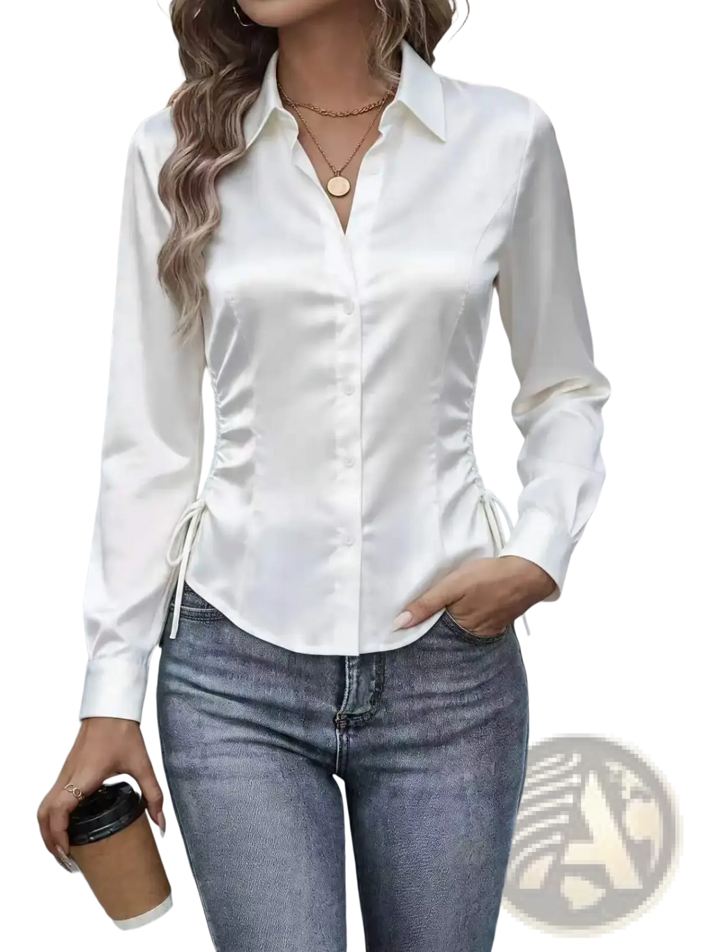 White satin slim fit long sleeve blouse with button down and side tie details for office wear