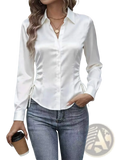 White satin slim fit long sleeve blouse with button down and side tie details for office wear